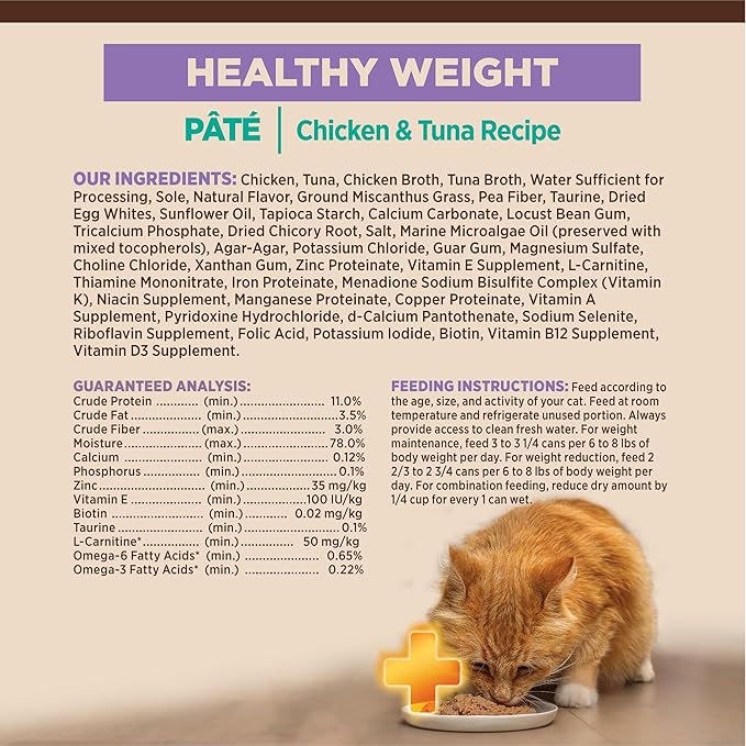 Wellness CORE+ Healthy Weight Pate Adult Canned Wet Cat Food, Natural, Protein Rich, Grain Free, Chicken and Tuna Recipe, 2.8 oz, Pack of 12 Cans