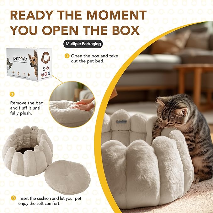 PETNOVO Pumpkin Cat Bed, Cream Plush Donut Cuddler with High Bolster, Non-Slip Cozy Nest for Indoor Cats up to 13 lb and Small Dogs, 20L x 20W x 12H Inch