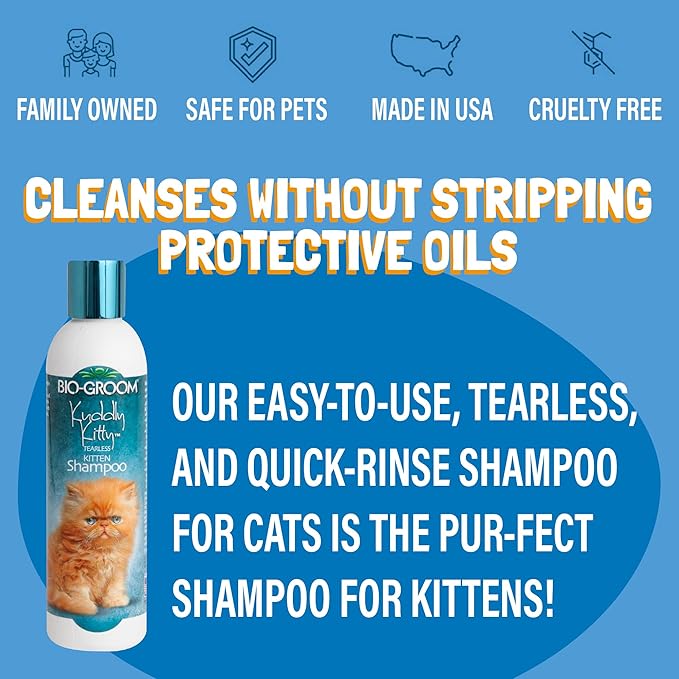 Bio-Groom Kuddly Kitty Shampoo - Tearless, Gentle Kitten Shampoo, Soap-Free, Cat Bathing Supplies, Quick Rinse, Cat & Kitten Grooming Supplies, Cruelty-Free, Made in USA - 8 fl oz 1-Pack