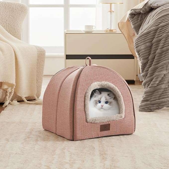 WINDRACING Cat Bed for Indoor Cats - Cat Cave Beds Cat House Cat Tent with Removable Washable Cushioned Pillow Light Pink, L(17.5 X 17.5 X 17.5 Inch)