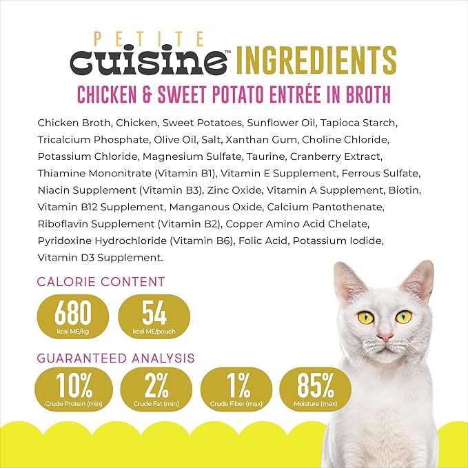 PETITE CUISINE Whole Foods Wet Cat Food, Chicken & Sweet Potato Entree in Broth, 2.8 oz. Can (24 Count)