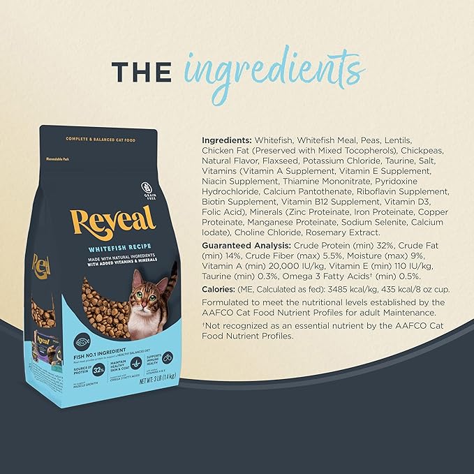 Reveal Natural Dry Cat Food, High Protein, Grain Free with Added Vitamins & Minerals, Complete & Balanced Nutrition for Cats, Whitefish Recipe (7 Pound Bag)