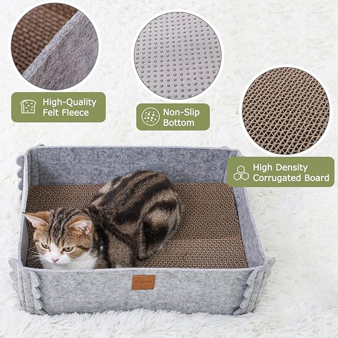 Felt Cat Scratcher Lounge Box with Removable Cardboard,Rectangular Cat Bed with Corrugated Board, Pet Scratching Pad for Furniture Protection, Training Toy (Gray)