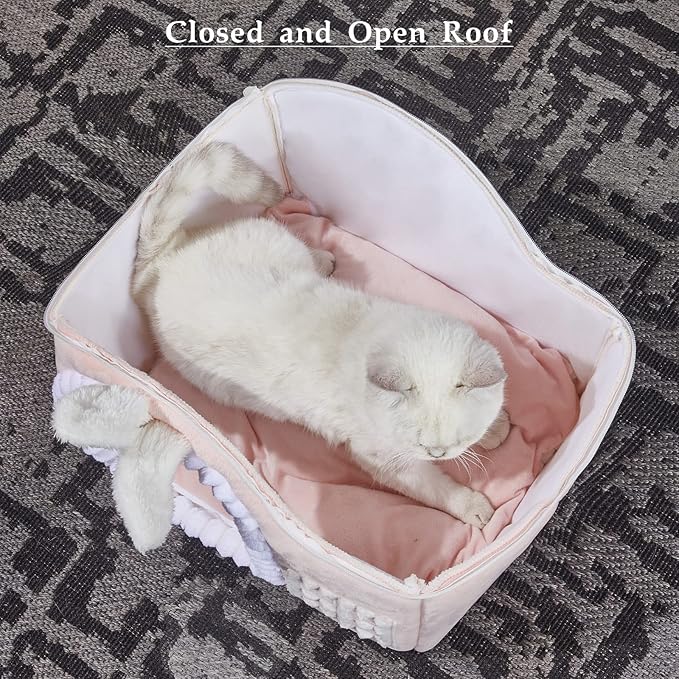 Jiupety Rabbit Cat Houses for Indoor Cats, Chimney Cute Cat Bed Cave, Enough Interior Space, Cartoon Soft Pet House Up to 3-7 lbs Kitten, Pink
