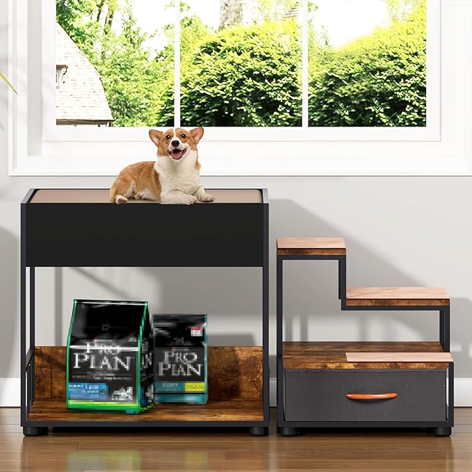 Pet Window Perch with Stairs, Pet Steps for Small Dogs, Cat Window Perch with Non-Slip Pad and Storage Drawer, Pet Bed Couch for Bedside, Indoor Home, Rustic Brown