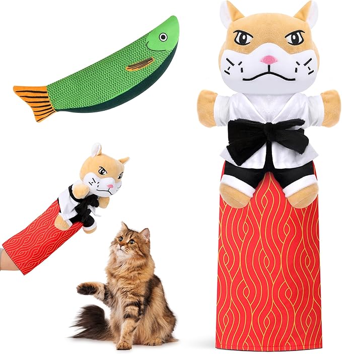Cat Wrestling Glove - Cat Puppet Wrestler Toy with Tough Padding for Safe Interactive Play, Cat & Dog Wrestling Interactive Toy with Fish Toys, Kids & Pet Safe for Training & Exercise (A)