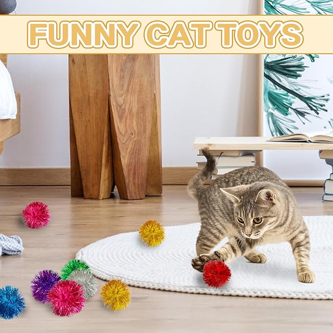 50 Pcs Cat Pom Pom Balls,2 Inch Large Assorted Color Cat Toy Balls,Sparkle Ball for Indoor Cats,Interactive Glitter Cat Toys for Exercise and Entertainment