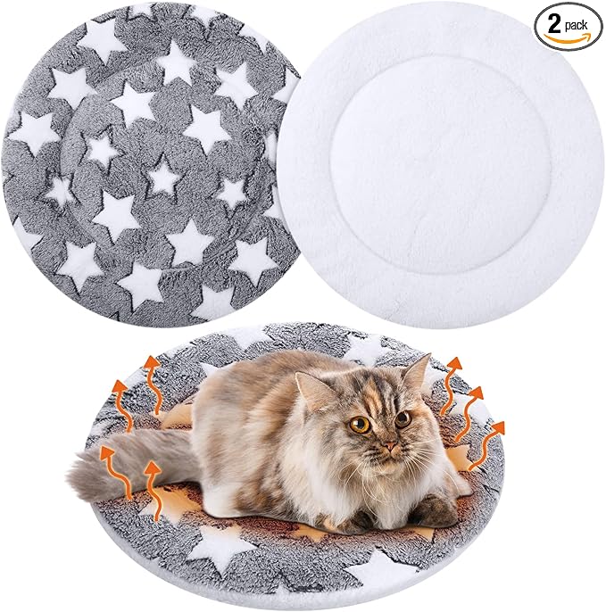 VitalCozy 2 Pack Self Heating Cat Pad Self Heating Cat Bed Machine Washable Heat Pet Mat Reversible Body Thermal Warm Round Dog Bed Crate Blanket for Feral and Indoor Cats(20'',Large Star)