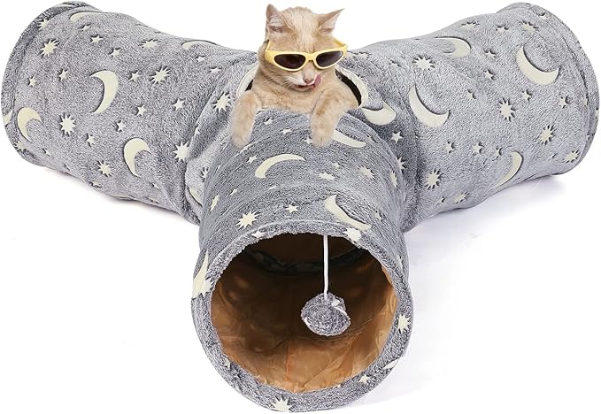 Cat Tube Tunnel with Plush Ball Toys Collapsible Self-Luminous, for Cat Small Pets Bunny Rabbits, Kittens, Ferrets,Puppy and Dogs Grey Moon Star 3 Way