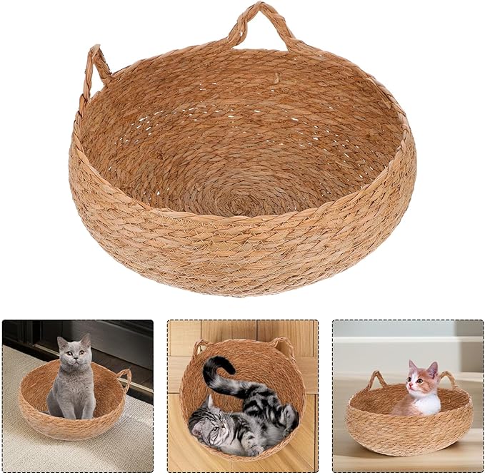 HOMSFOU Small Round Cat Bed Woven Straw Pet Nest Basket with Breathable Natural Rattan, Indoor Cozy Cat Furniture for Kittens and Small Dogs, Four Seasons Use