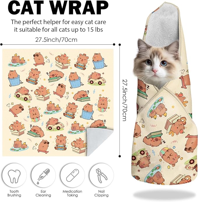 27.6"Cat Grooming Wrap, Self Adhesive Cat Wrap for Cutting Nails, Anti-Escape Calming Cat Swaddle Wrap for Medicine Ear Cleaning, Anti-Scratch Cats Burrito Restraint Blanket, Pet Tool (6-10 lbs)