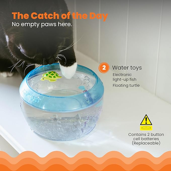Catstages Meow-smerizing Fish Bowl for Cats with Two Water Cat Toys, Electronic Swimming Fish and Floating Turtle Included, Blue