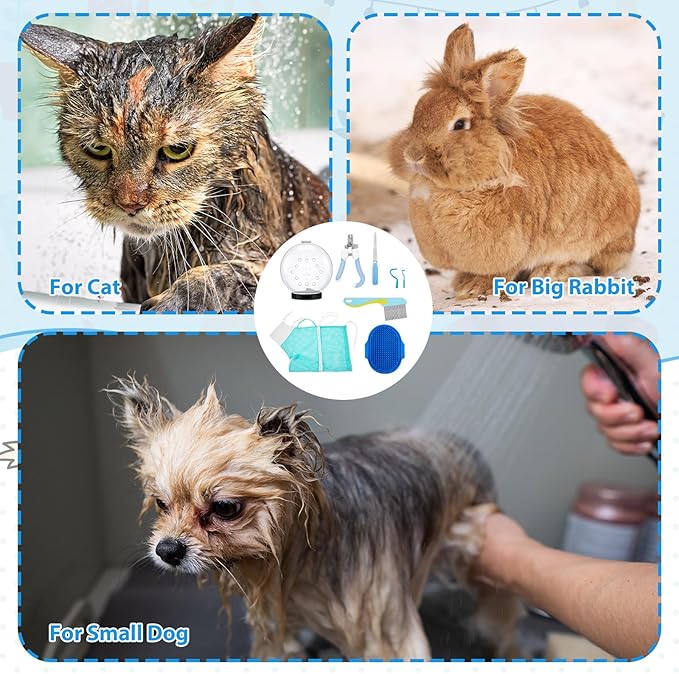 8 Pcs Cat Muzzle Set with Adjustable Cat Bathing Bag Breathable Clear Muzzle Pet Grooming Brush Tick Remover Tool Nail Clipper Nail File for Dog, Bunny Cleaning Trimming(M Size,Blue)