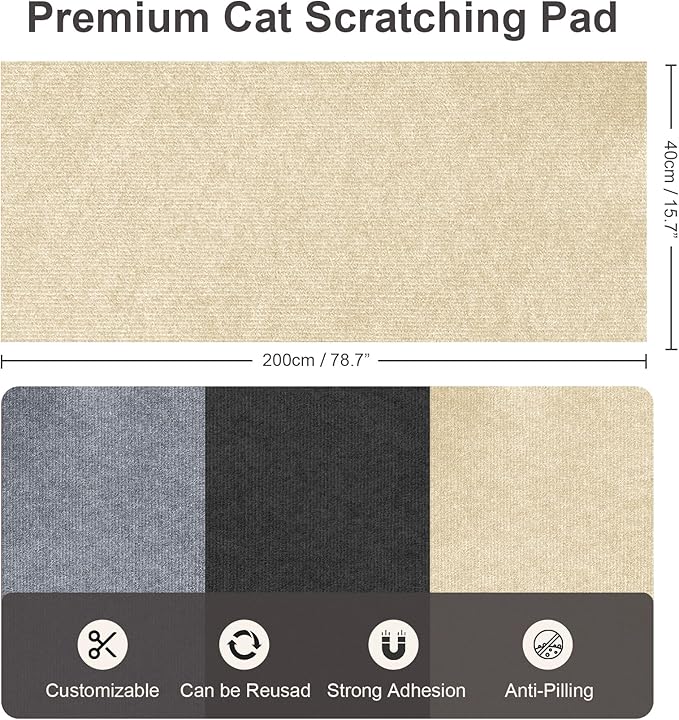 Cat Scratch Furniture Protector, 78.7"x15.7" Trimmable Self-Adhesive Cat Scratching Mat, Corner Couch Protector from Cat Claws, DIY Anti-Scratch Pad Rug for Sofa, Wall, Floor & Door, Beige