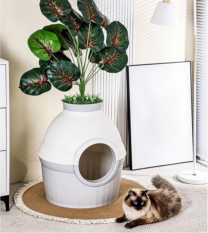 Hidden Litter Box Plant Enclosure, Extra Large Splash Proof Cat Litter Box Enclosed Semi Enclosed Structure Decorative Hidden Pet Bathroom with Plastic Plant & Scoop