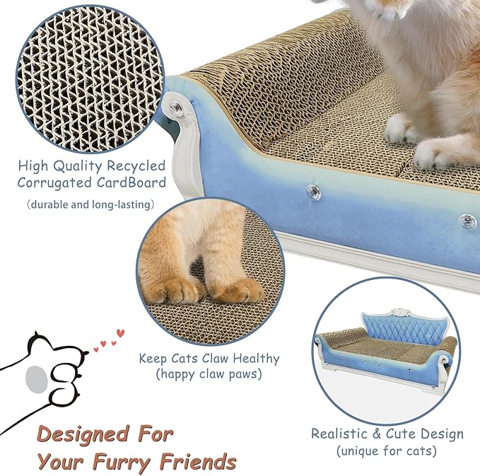 Luxury Cardboard Cat Scratcher Sofa Bed, Couch Shaped Scratching Board, Scratch Lounge with Catnip, Cat Scratcher for Indoor Cats Large Blue 25.4" Large