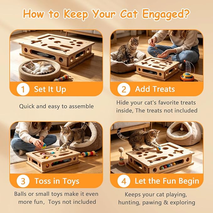 Cat Scratch Puzzle Enrichment Box, Cat Nail File Scratcher Toy Box with Sandpaper Inside, Help Reduce Stress for Trimming Nails, Wooden Claw Care Saver Box for Indoor Cats of All Breeds & Ages