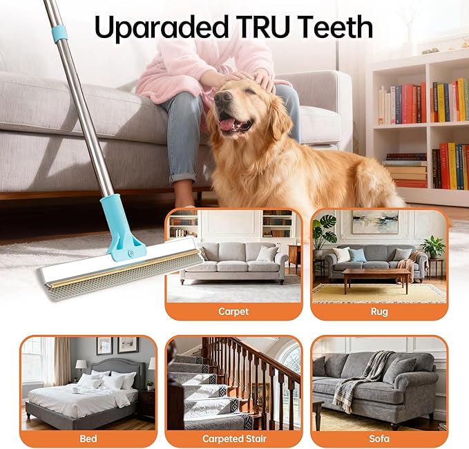 Carpet Rake for Pet Hair Removal Tool, 2 in 1 TPU and Copper Rake Teeth Uproot Clean Hair Remover with 63’’ Adjustable Long Handle,Reusable Cat & Dog Fur Broom for Carpets,Rugs, Mats
