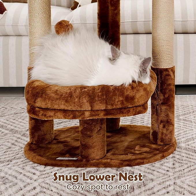 Cat Tree for Indoor Cats, Compact 2-Tier Cat Tower with Padded Donut Beds, Cozy Plush Cat Perch for Small to Medium Cats, Sisal Scratching Posts & Hanging Toy (Mocha Brown)