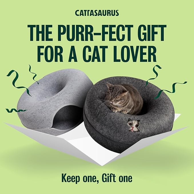 Cattasaurus Peekaboo Cat Cave Donut for Multiple & Large Cats up to 30-45 lbs, 3-in-1 Self Warming Cat Bed, Tunnel & Scratcher for Indoor Cats, Washable & Detachable (Light Gray + Dark Gray, Large)