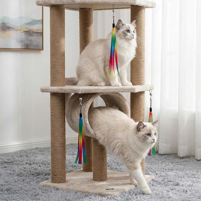 6 PCS Cat Ribbon Toy, Cat Teaser Toy Wand Replacement, Interactive Flirt Pole Replacement Worm Assorted Portable Refills CatWand Attachment Toys with Bell for Indoor Most Cats, Kittens, Small Pets