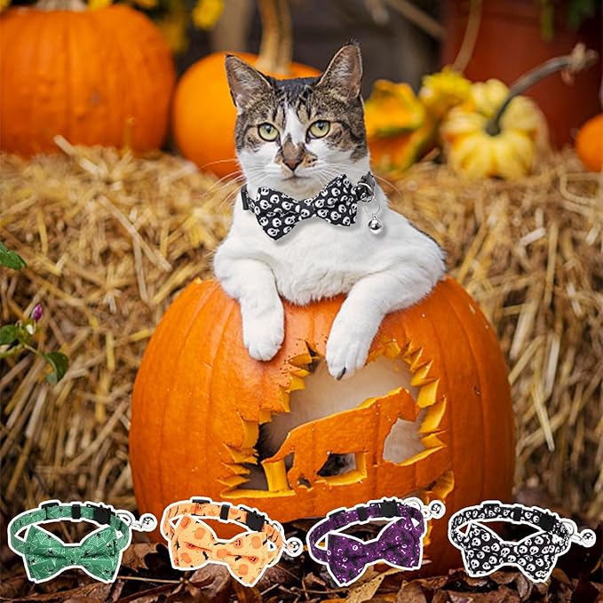 Halloween Cat Collar, Adjustable Kitten Halloween Collars with Bow Tie and Bell, Breakaway Kittens Collar for Girl Boy Cats Kittens (Green)