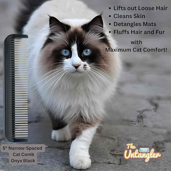 Cat Comb with Silky Smooth Rotating Teeth - Clears Mats Gently and Easily (5" Ultra Fine Teeth; 7" Dual Teeth) (Black, 5")