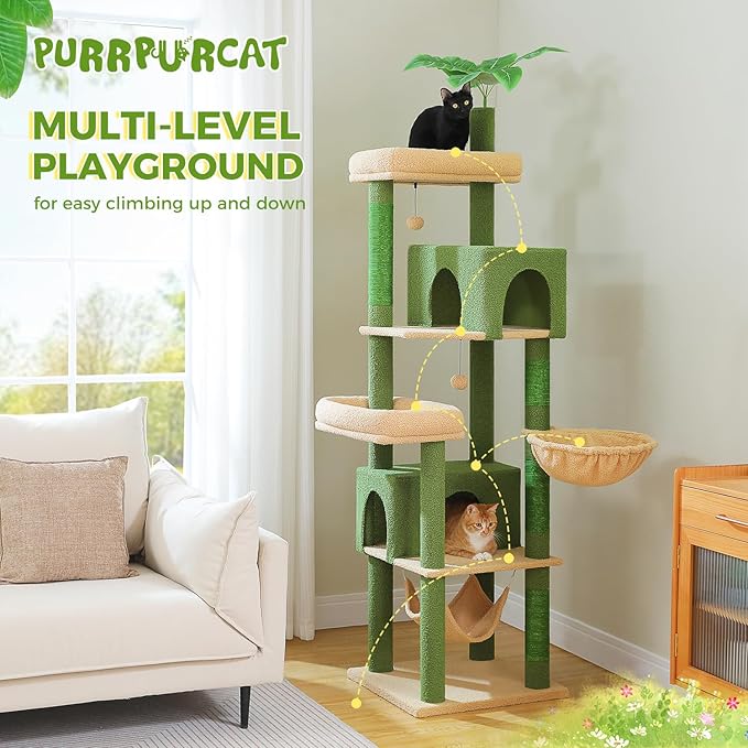 74.8" Cactus Cat Tree with Anti-Toppling Kit, Stable Multi-Level Cat Tower with Dual Condos, Sisal Scratching Posts & Deep Hammock, Large Cat Furniture for Multi-Cat Household, Grey