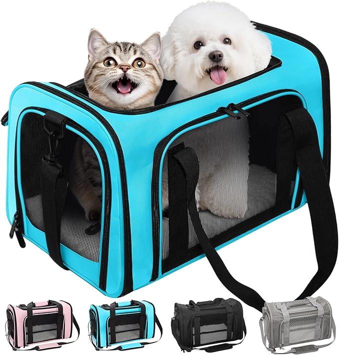 Soft-Sided Cat Carrier Expandable Pet Carrier Airline Approved Mesh Travel Carrier Up to 15lbs for Cats Small Dogs Collapsible Escape-Proof with Shoulder Strap (18x11x11 Blue)