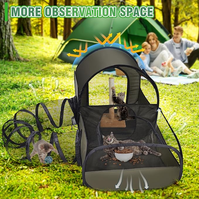 Portable Cat Playpen with Surround Tunnel, 2-Linked-Enclosed Areas, Ideal Cat Tent Outdoor or Cat Playpen for Indoor Cats Enclosed.Breathable Mesh Design for Indoor & Outdoor Use(Green)