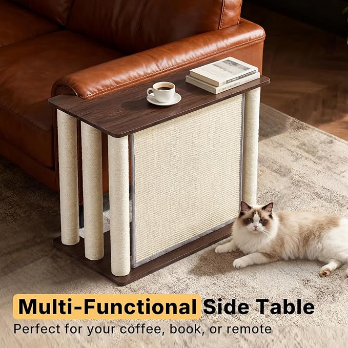 Veehoo Couch Protector from Cat Claws, Couch End Table with Cat Scratch Panel and Scratching Posts, Pet Corner Sofa Side Table Scratcher, Back Walnut, Left