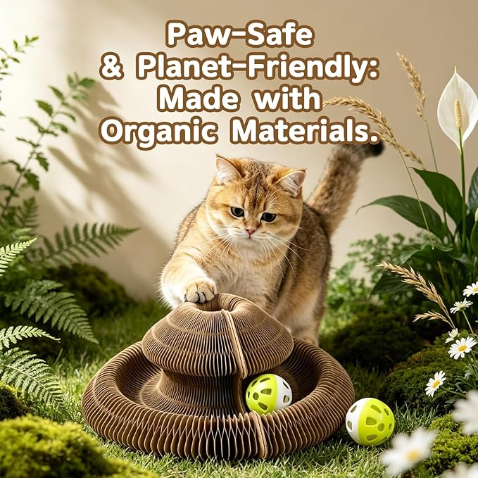 Magic Organ Cat Scratcher, Foldable Accordion Scratching Board with Bell Ball, Interactive Pizza Style Cardboard Scratch Pad, Reversible Toy for Indoor Cats