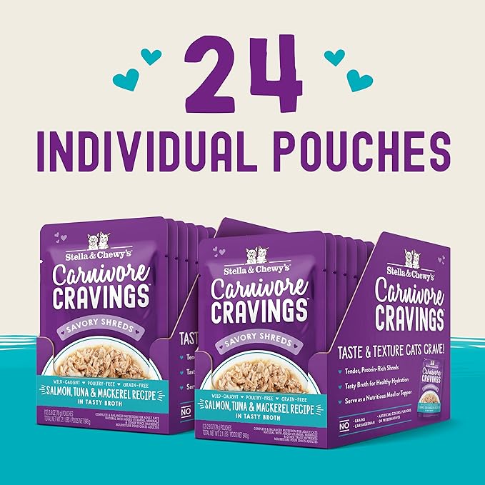 Stella & Chewy's Carnivore Cravings Wet Cat Food - Premium Pouches - Grain Free, High Protein Salmon, Tuna & Mackerel - Perfect For Picky Eaters - Complete Meal or Topper (2.8 oz, 24 Pack)