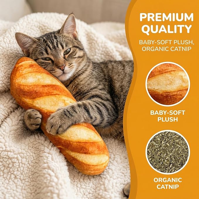 DOITOOL Catnip Toys for Indoor Cats - Bread Cat Kicker Toy & Baguette Plush for Kitten Biting & Chewing - Interactive Kitty Kick Sticks for Exercise & Boredom Relief - 7 Inch