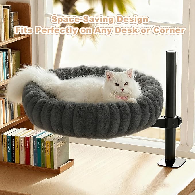 Dogpals 360° Rotating Cat Bed for Desk, Height Adjustable Cat Perch with Semi-Enclosed Design & Removable Cushion, No-Drill Clamp fits up to 1.18" Desk, Supports 9lbs for Office, Gaming Table, Grey
