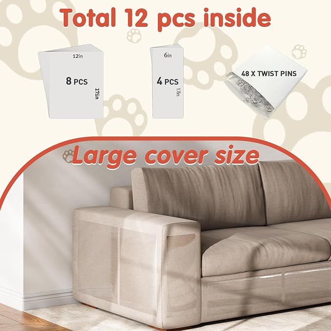 Secopad 12 PCS Large Cat Scratch Furniture Protector, Transparent Couch Protector from Cat Claws, Single-Sided Self Adhesive Anti Pet Deterrent Sofa Cover, 17IN