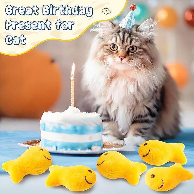 L1rabe Goldfish Cracker Catnip Stuffed Toys for Cats- Pet Days 5Pcs Goldfish Organic Kittens Toys Funny Yellow Indoor Cats Chew Bite Teething Tools Kittens Birthday Gifts Interactive Pet Supplies