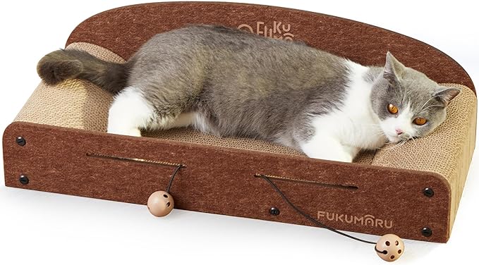 FUKUMARU 26 Inch Cat Scratcher Bed, 2 Reversible Cardboard Cat Scratch Pads Refill for Indoor Cats, Durable Large Cats Scratching Bed Sofa Couch Lounger with Fun Toys, Furniture Protector, Caramel