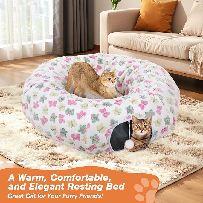 Cat Tunnels for Indoor Cats, 35'' Plush Cat Tunnel Bed with Playful Ball and Circle Cushion, Multifunctional Peekaboo Cat Cave, Interactive Toy Gift for Cats, Kittens, Rabbits,WhiteButterfly