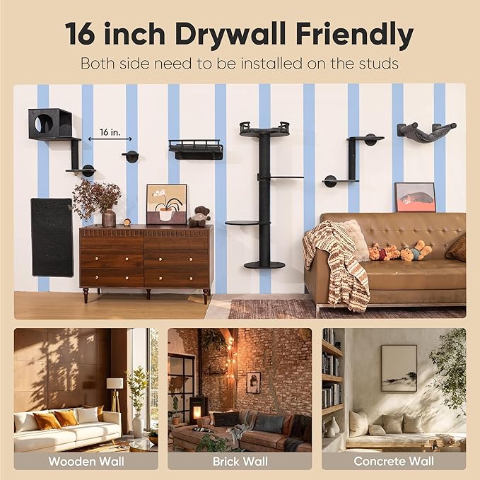 FUKUMARU Cat Wall Shelves, 4 in 1 Stable Wooden Wall-Mounted Furniture Set, Climbing Tree with Hammock, Bed, Perch and Scratching Mat (Black)