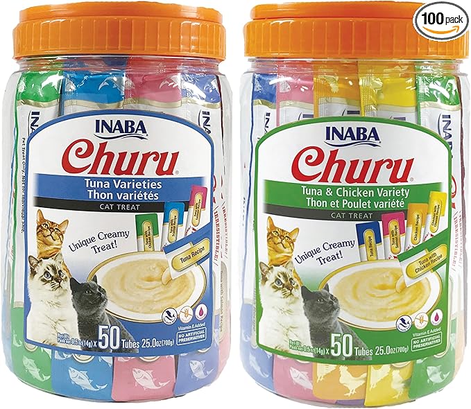 INABA Bundle Churu Cat Treats, Lickable, Squeezable Creamy Purée with Vitamin E & Taurine, 0.5 Ounces Each Tube, Tuna & Chicken Variety and Tuna Variety 100 Tubes Total