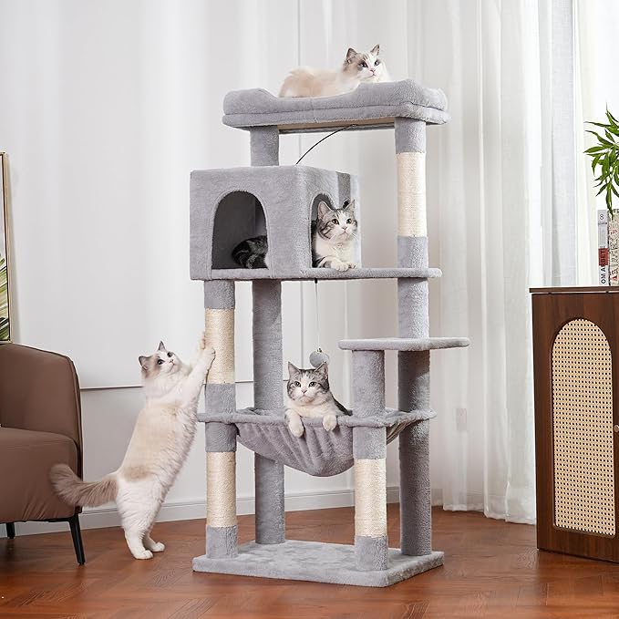 54" Cat Tree with Big Hammock 21x17” XL Cat Tower with Scratching Posts Featuring Large Top Bed, Scratcher Pad, Spacious Condo House and Detectable Ball for Indoor Cats-Large Gray