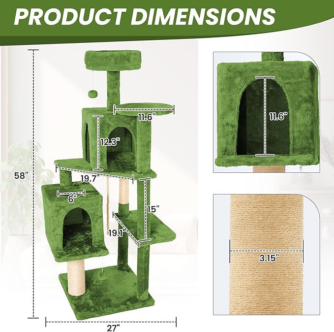 59in Large Cat Tree Tower for Indoor Cats with Soft Plush Hang Ball, Two Condos, Sisal Scratch Posts & Rope Play for Kittens/Adult Cats, Green