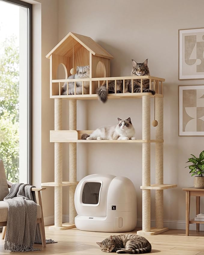 Wood Cat Tower for Automatic Litter Box, 60"H Cat Tree with Scratching Post, Multi-Level Solid Wood Cat Tree for Indoor Large Cats, Tall Cats Scratching Post Furniture w/Cats House, Burlywood