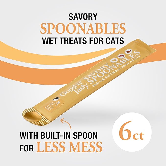 Good ‘n’ Tasty Savory Spoonables with Real Chicken, Salmon & Duck, 6 Count Tube, Triple Flavor Squeezable Lickable Wet Treats for Cats with Built-in Spoon for Less Mess