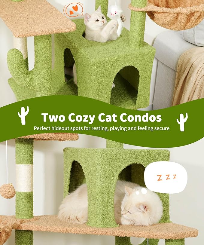 AMHANCIBLE Cactus Cat Tree, 70 Inch Tall Cat Tower for Indoor Cats, Multi-Level Cat Tree with Scratching Post, Hammock, Hanging Basket, Large Cat Condos for Adult Cats Kittens, Green, PT18GR