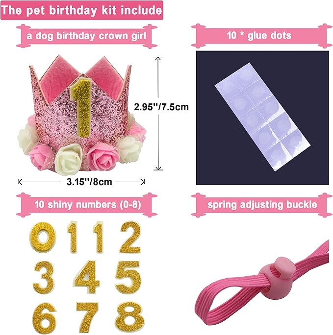 Dog Birthday Hat Adjustable Reusable Crown for Dogs Cats Puppy Kitten Birthday Party Headband with Numbers(Pink)