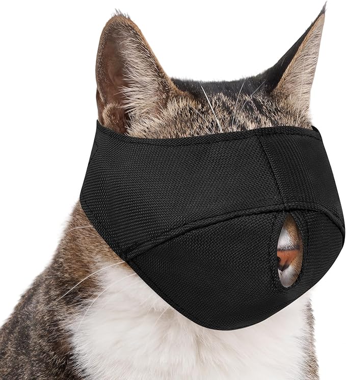BARKLESS Cat Calming Muzzle for Grooming & Nail Trimming, Oxford Muzzle with Shading Design to Help Calm the Cat Down, Soft Head Cover to Prevent Biting & Scratching (Black, L)