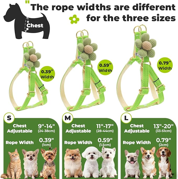 PETCARE Cute Flower Dog Harness and Bowtie Leash Set Easy Walk Puppy Dog Halter Harnesses for Small Dogs Boy Step in Dogs Harness with Buckle (Green, Chest Adjustable 11"-17", Rope Width 0.59")