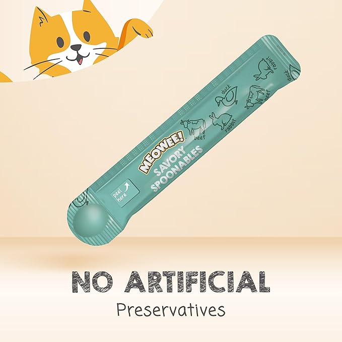 MEOWEE! Savory Spoonables with Real Duck, Beef & Rabbit, 8 Count Tube, Triple Flavor Squeezable Lickable Wet Treats for Cats with Built-in Spoon for Less Mess